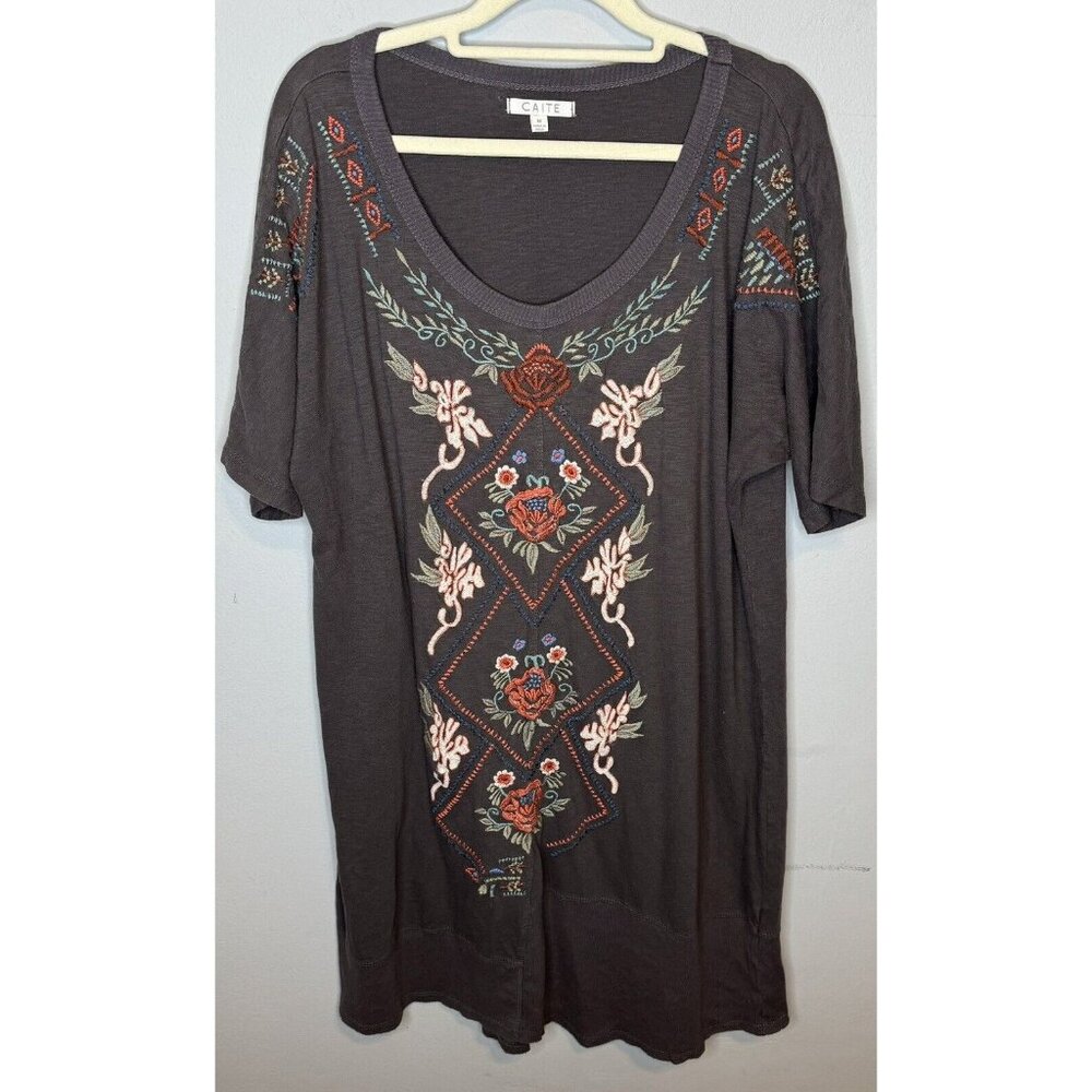 Caite Embroidered Floral Shirt Dress Size Medium Grey Gray Casual